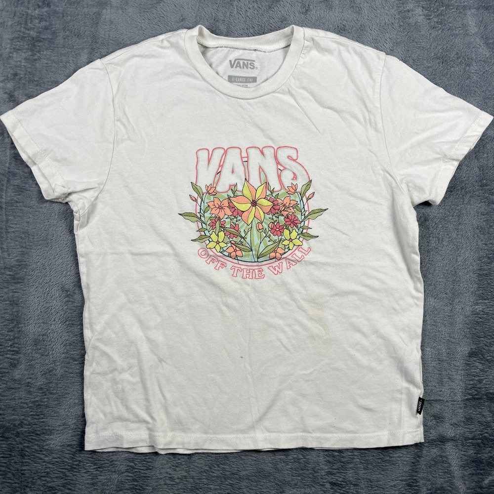 Vans T Shirt Womens XL 16 White Wreath of Flowers Graphic Print Logo Cotton